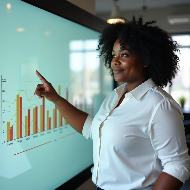 Mulher negra brasileira apontando para gráfico de desenvolvimento sustentável