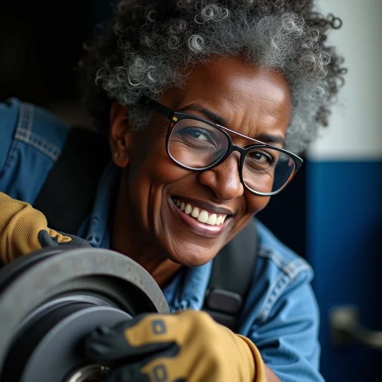 Mulher negra brasileira experiente lubrificando freio de carro