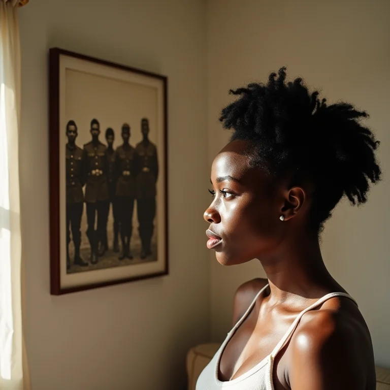 Mulher negra brasileira olhando foto antiga de soldados