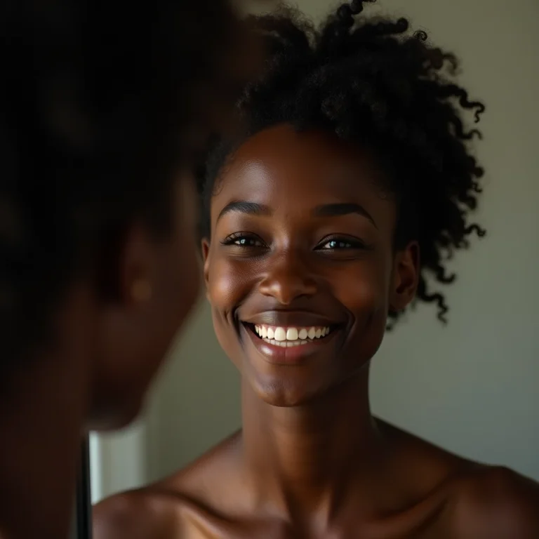 Mulher negra brasileira sorrindo, com rugas de expressão