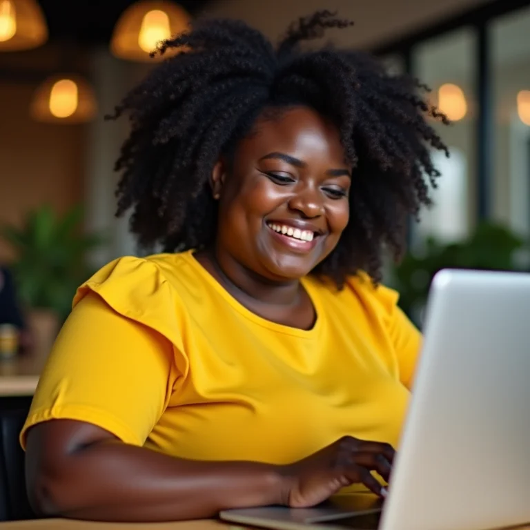 Mulher negra brasileira sorrindo enquanto trabalha em seu plano de marketing MEI