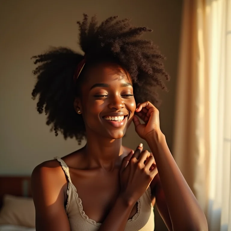 Mulher negra com cabelo crespo 4C sorrindo e tocando os fios macios