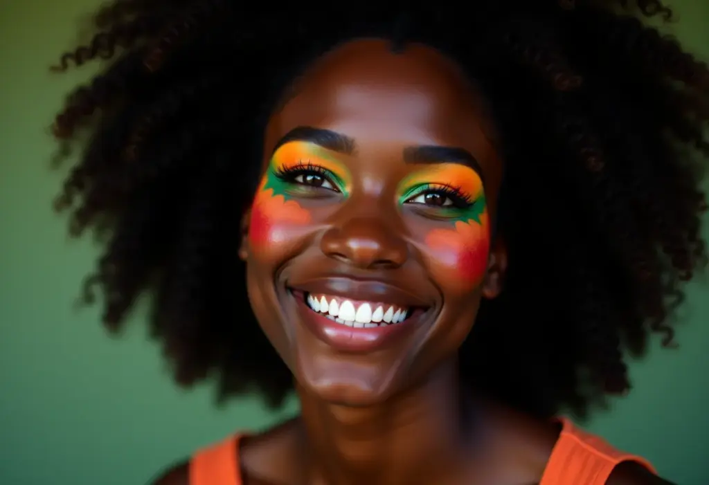 Maquiagem artística: O segredo dos profissionais para arrasar Mulher negra com maquiagem artística vibrante