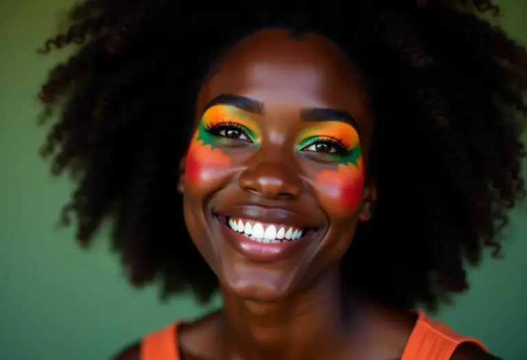 Mulher negra com maquiagem artística vibrante