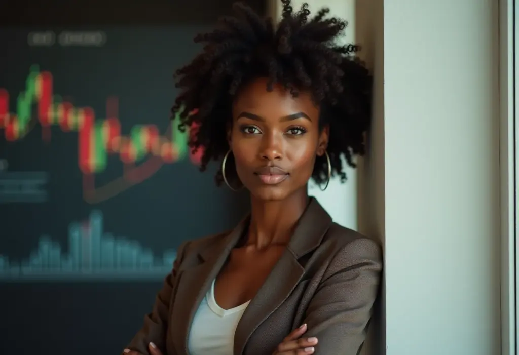 Mulher negra confiante analisando o mercado de ações