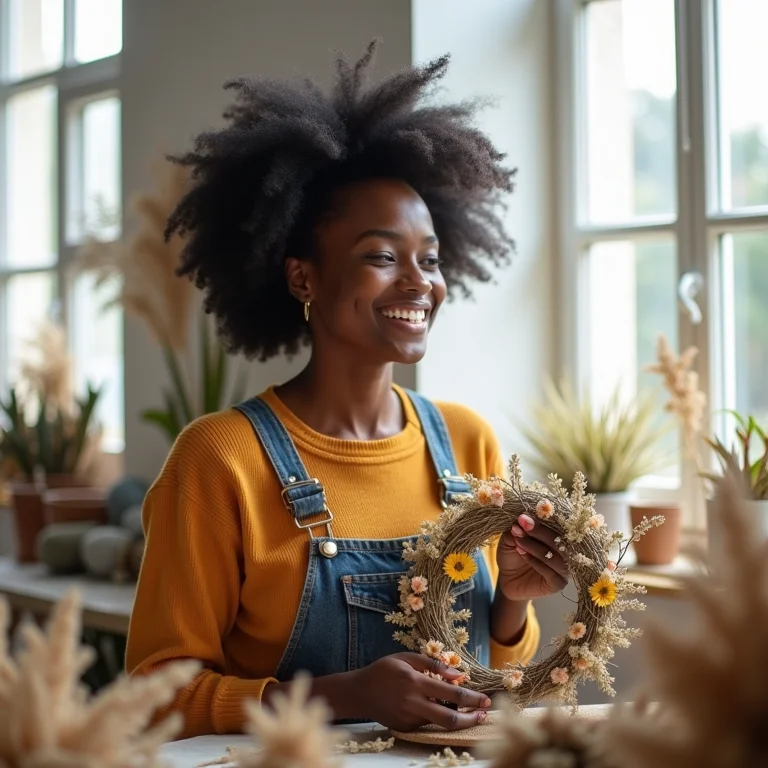 Mulher negra criando uma guirlanda de flores secas.