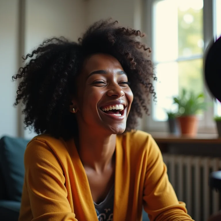 Mulher negra de meia-idade gravando vídeo para redes sociais.