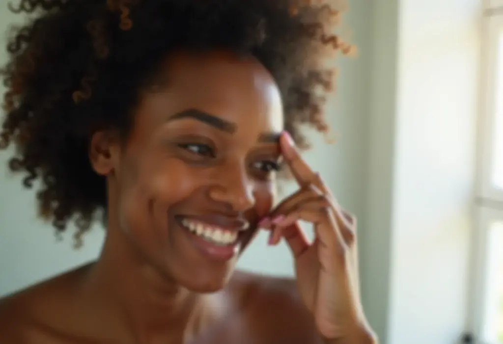 Pele oleosa desidratada: o segredo para equilibrar e hidratar Mulher negra de pele oleosa tocando o rosto