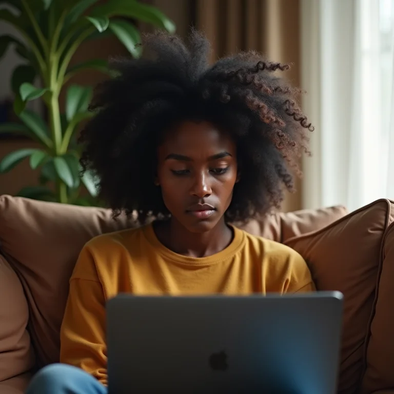 Mulher negra estressada trabalhando em casa