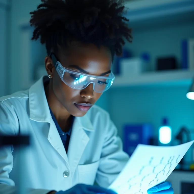 Mulher negra examinando modelo de DNA em laboratório.