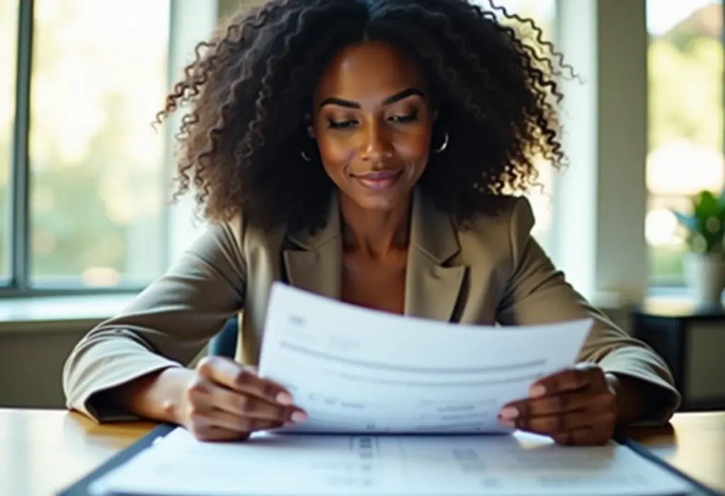 Mulher negra jovem examinando documentos de MEI