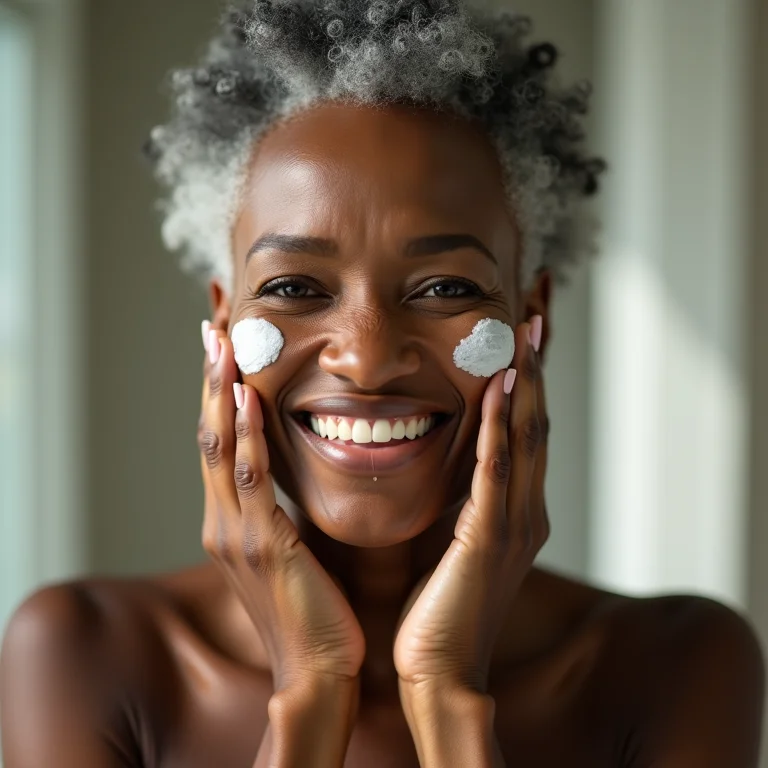 Mulher negra madura aplicando esfoliante enzimático