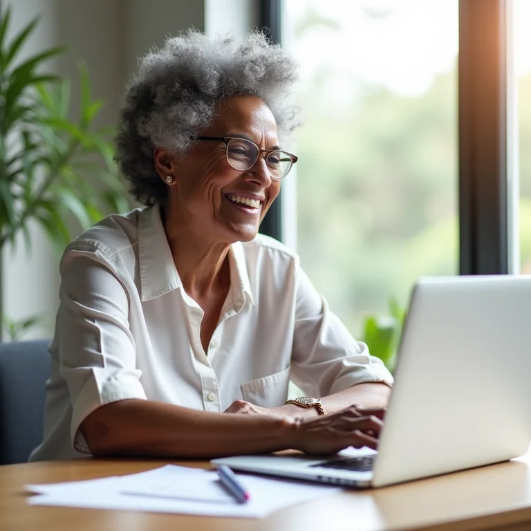 Mulher negra madura criando anúncios online