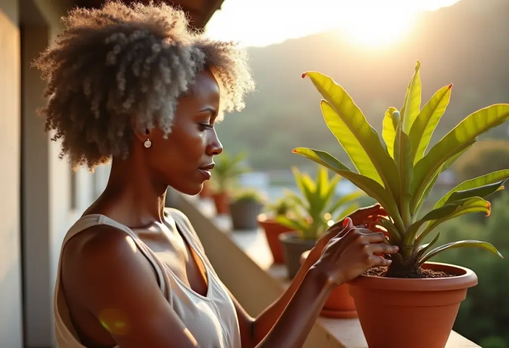 Mulher negra madura cuidando de pitangueira em vaso