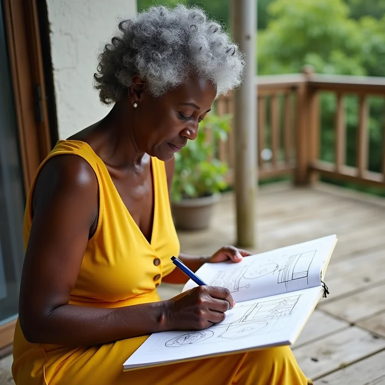 Mulher negra madura desenhando projeto de deck de madeira