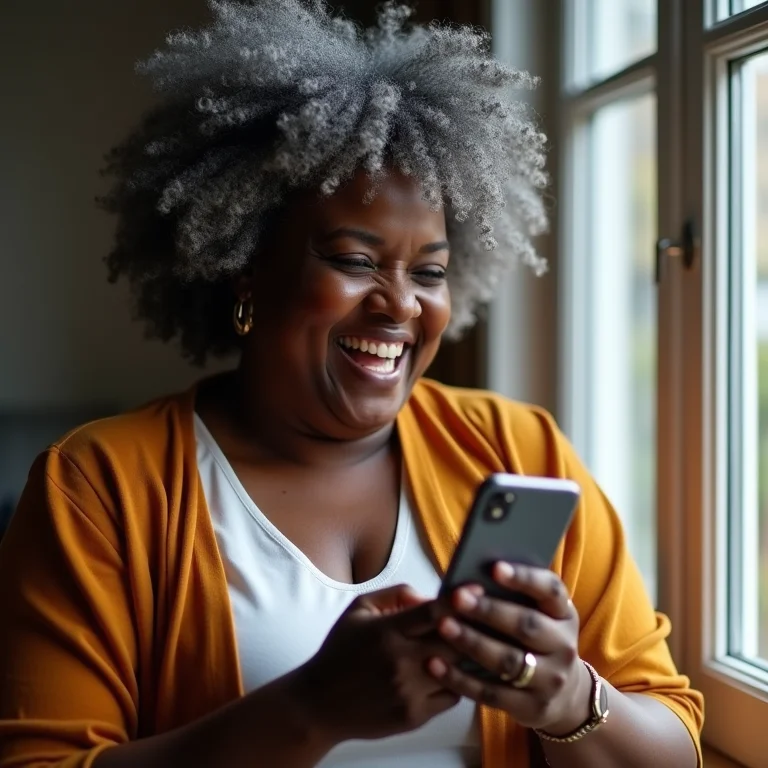 Mulher negra madura e plus-size vendo notificação de venda no Instagram Shopping.