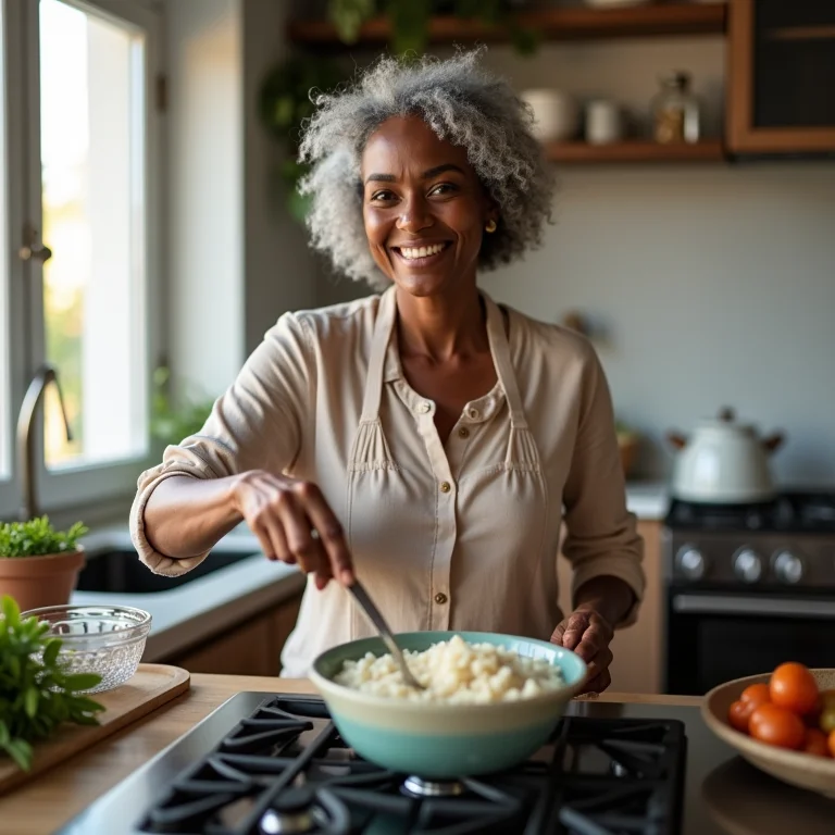Mulher negra madura preparando arroz doce cremoso