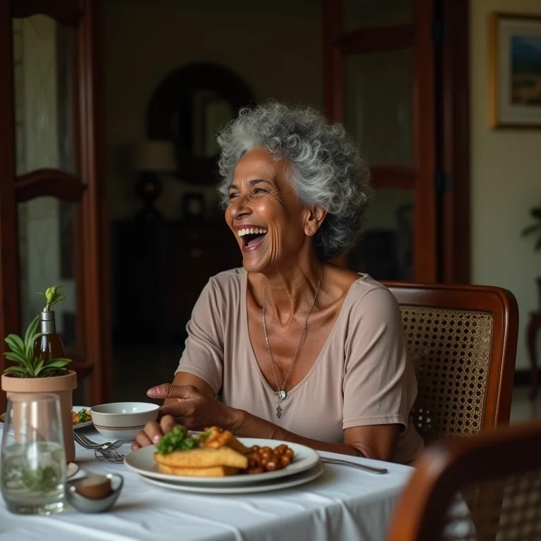Mulher negra madura separando sala de jantar com biombo.