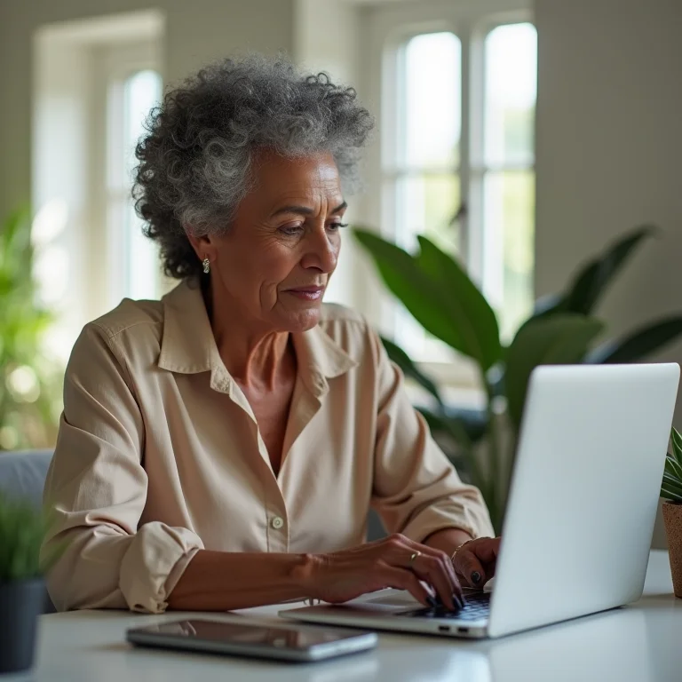 Mulher negra madura usando unhas acrílicas realistas enquanto trabalha no computador.