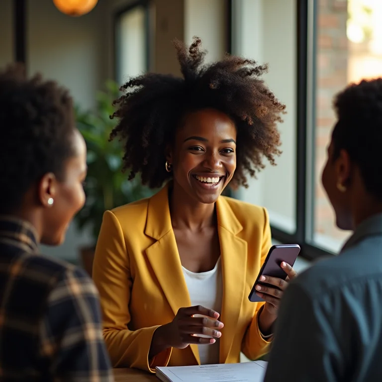 Mulher negra mostrando comprovante de renda no celular