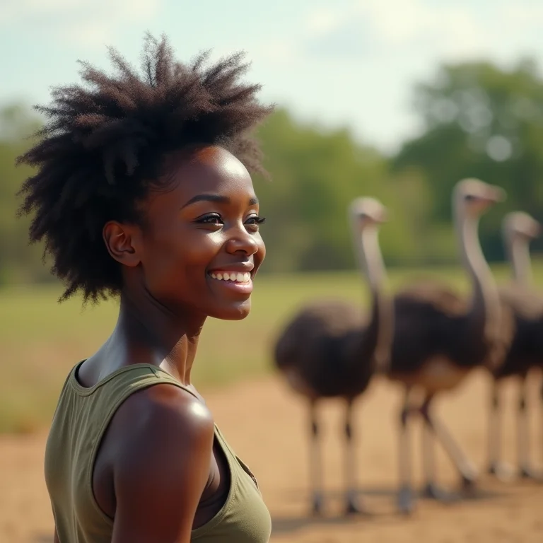 Mulher negra observando avestruzes em seu habitat