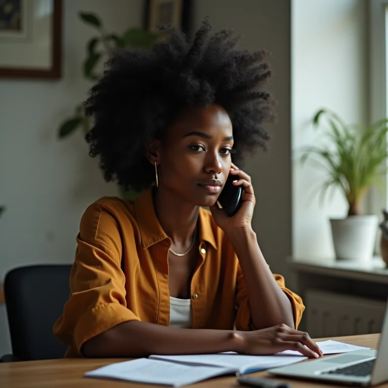 Mulher negra ouvindo cliente ao telefone