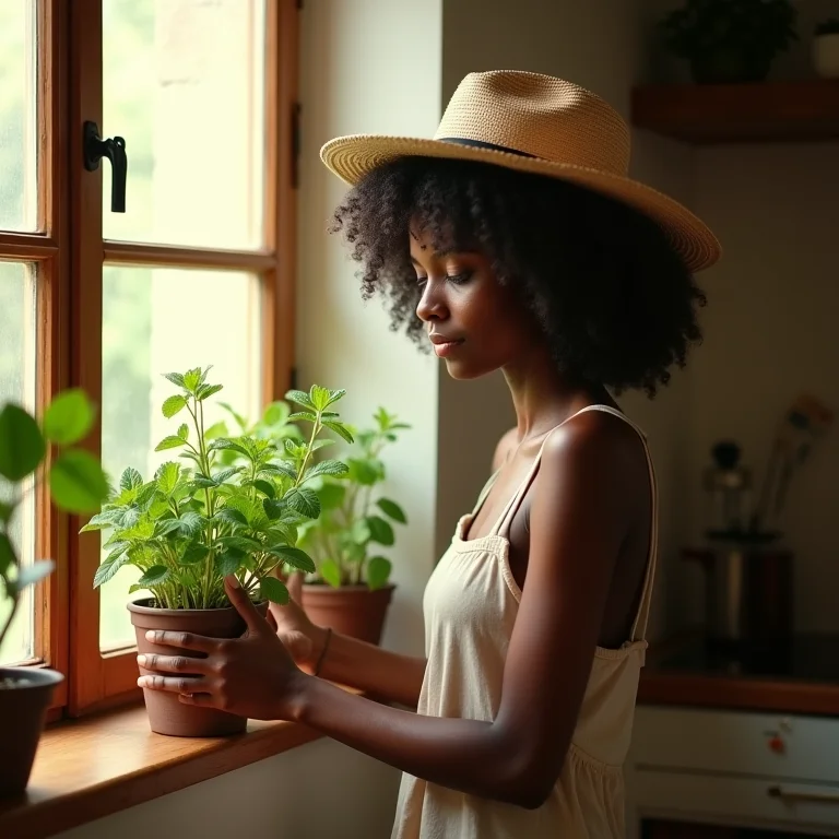 Mulher negra plantando hortelã na janela
