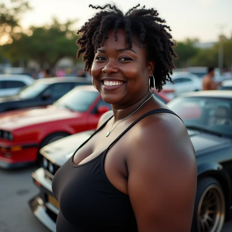 Mulher negra plus-size orgulhosa ao lado de carro customizado.