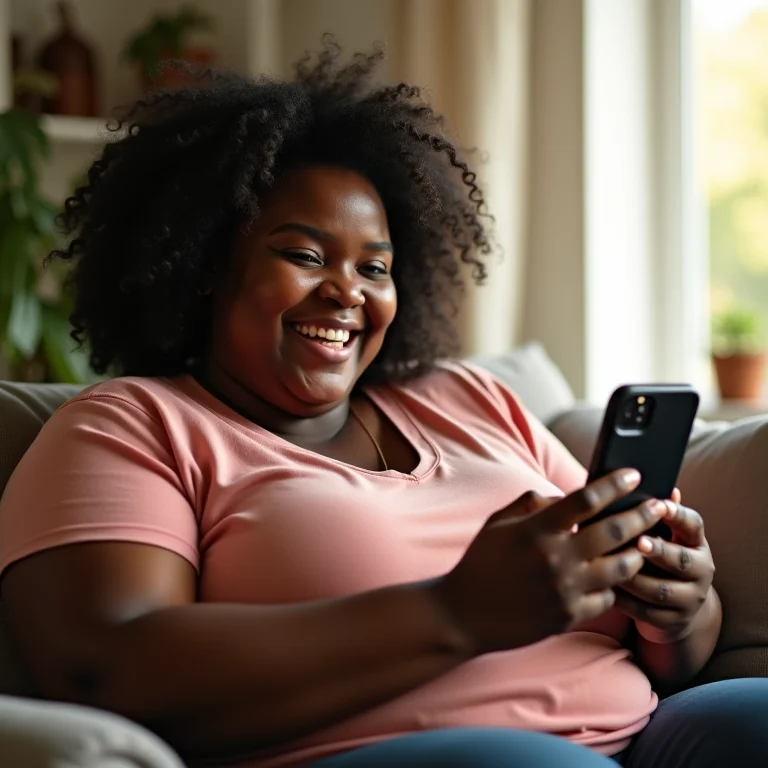 Mulher negra plus-size rindo enquanto faz uma chamada de vídeo em seu celular.