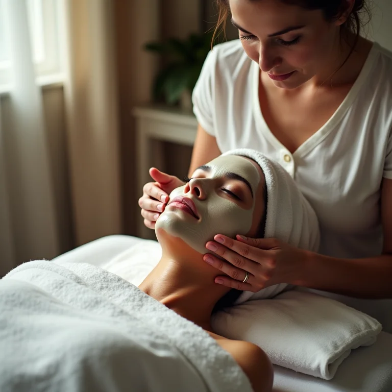 Mulher negra recebendo tratamento facial em clínica de estética.