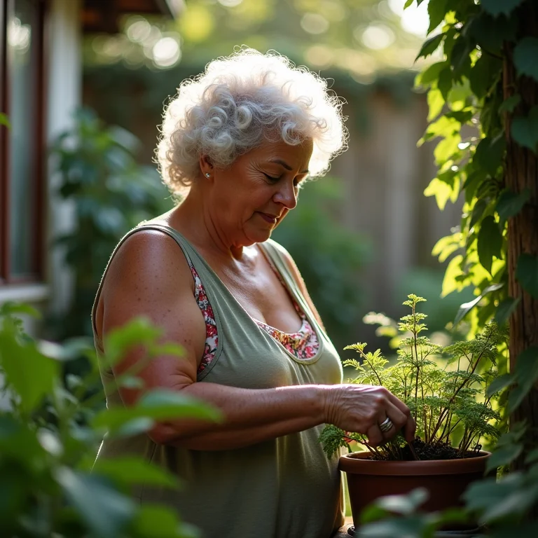 Mulher negra retinta cuidando do jardim.