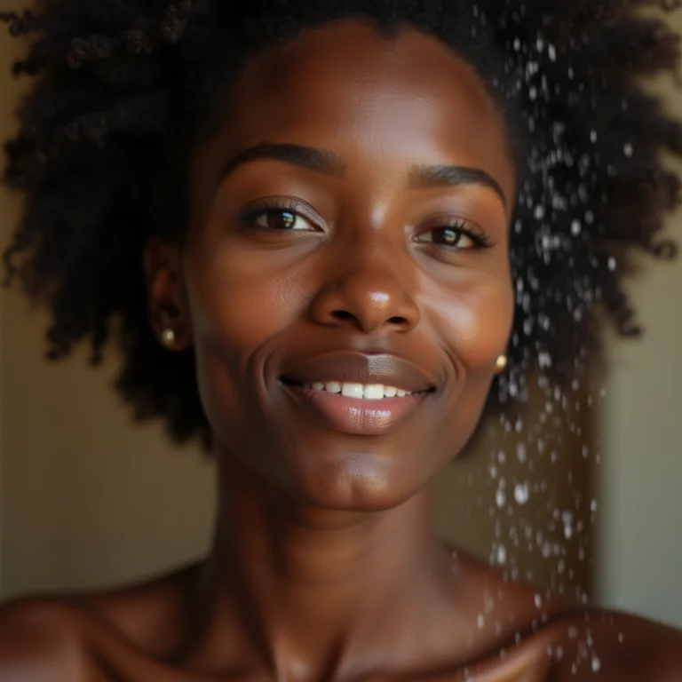 Mulher negra retinta fixando a maquiagem com água termal