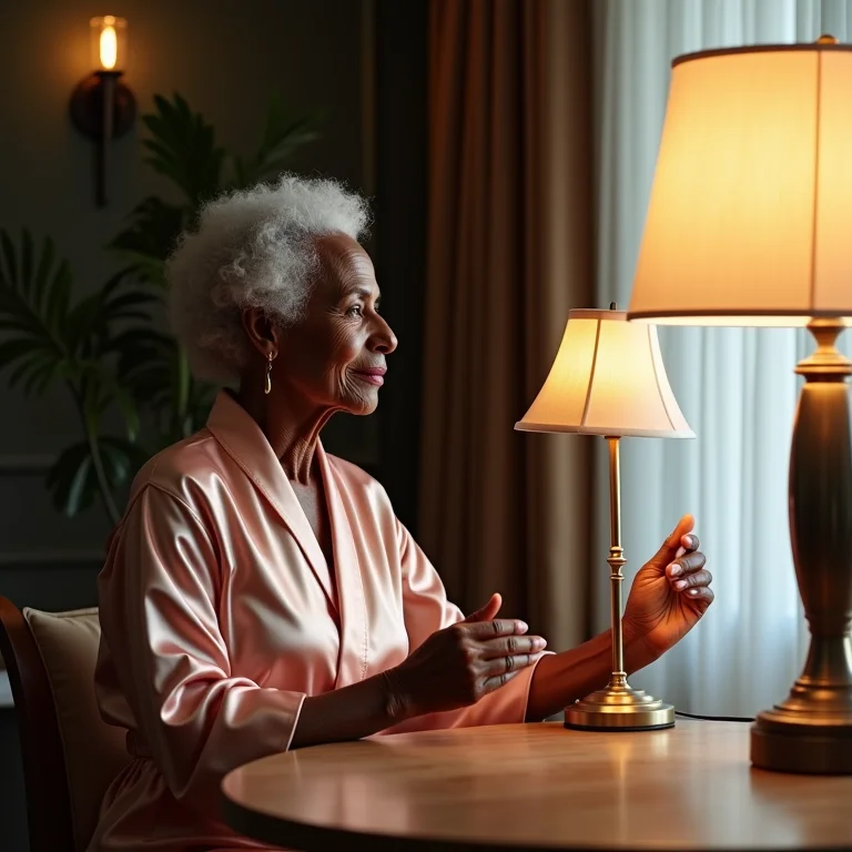 Mulher negra sênior ajustando abajur estiloso na sala de jantar