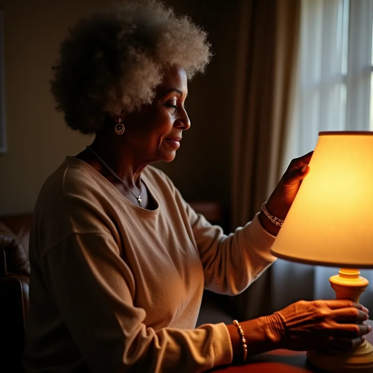 Mulher negra sênior ajustando iluminação em sala aconchegante
