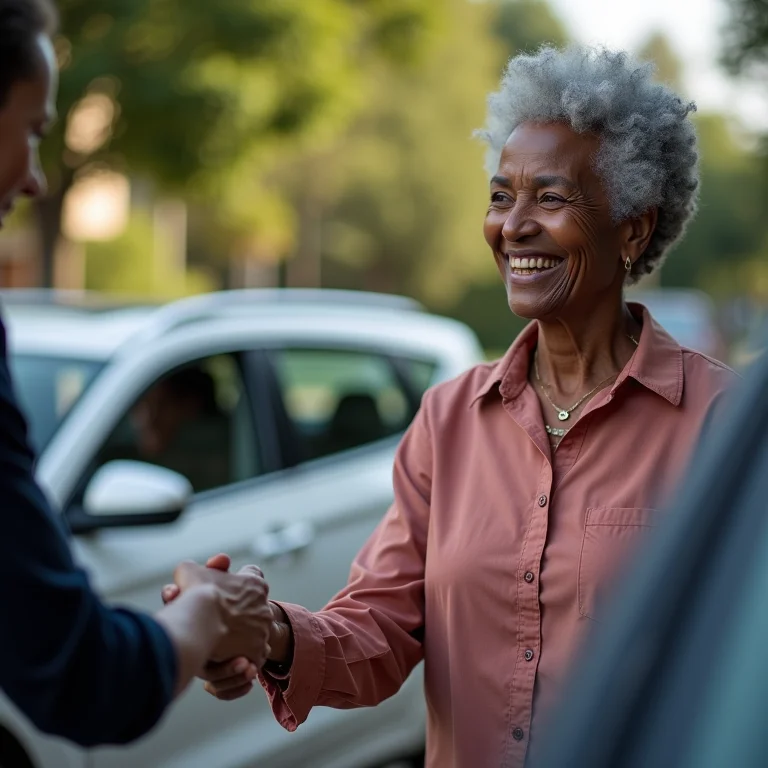 Mulher negra sênior negociando venda de carro com comprador.