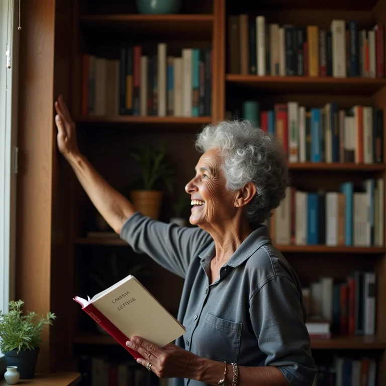 Mulher negra sênior organizando livros em estante vertical.