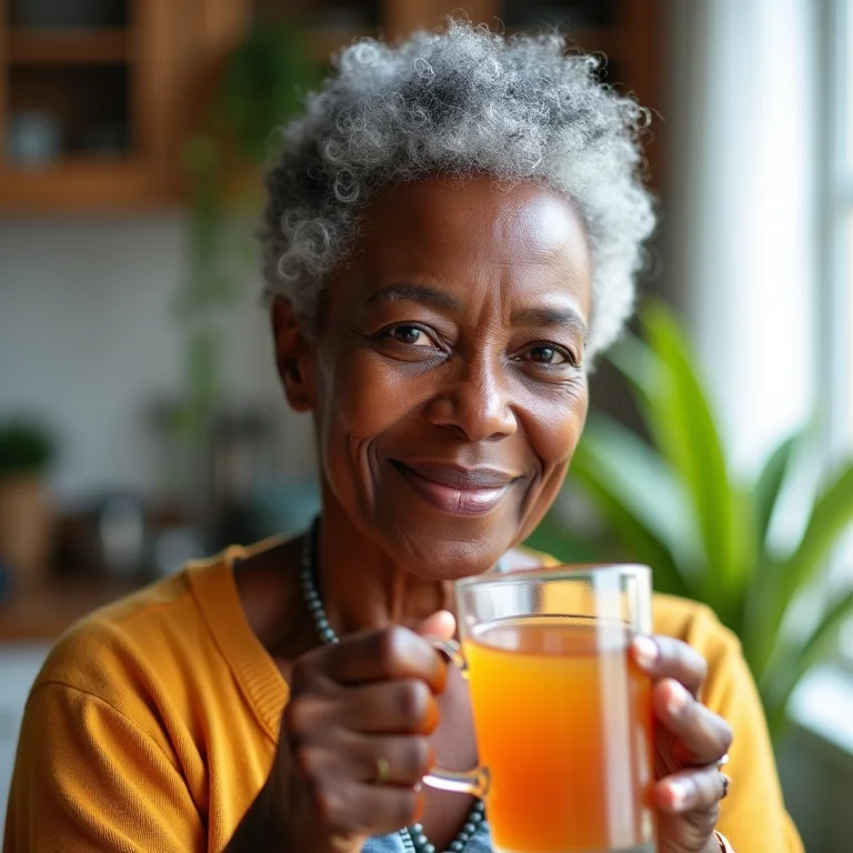 Mulher negra sênior relaxando com chá de maracujá