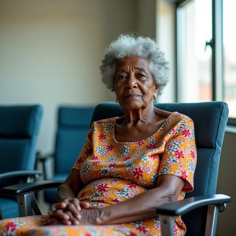 Mulher negra sênior sentada desconfortavelmente em cadeira de consultório