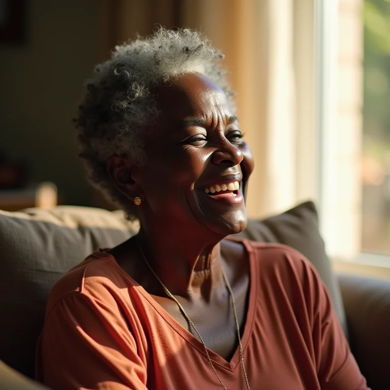 Mulher negra sênior sorrindo durante meditação