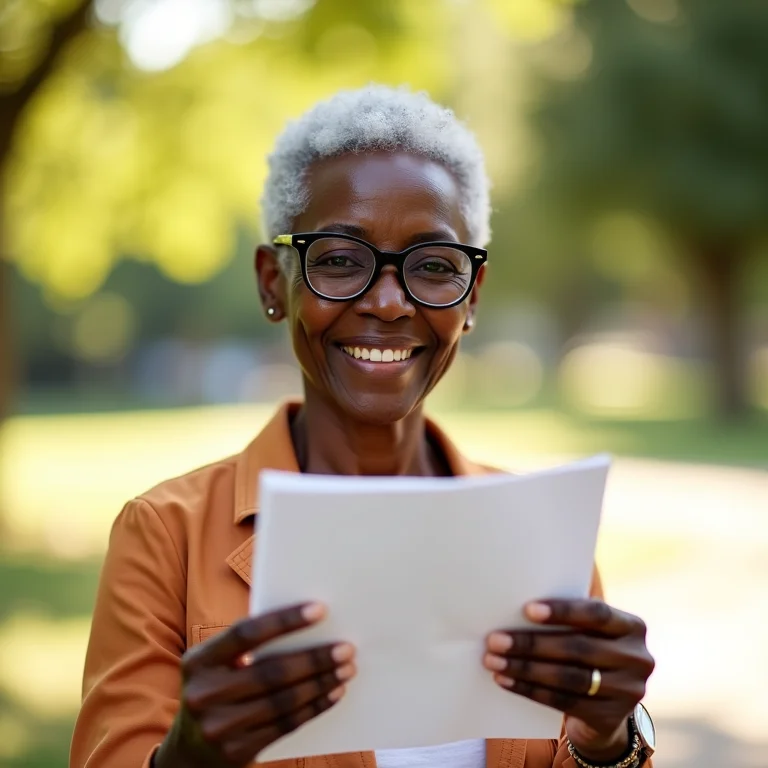 Mulher negra sênior sorrindo e segurando folheto sobre benefícios previdenciários do MEI.
