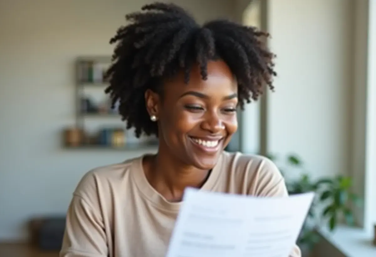 Mulher negra sorrindo analisando documentos financeiros em casa.
