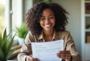 Mulher negra sorrindo ao analisar documentos financeiros em casa