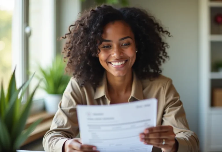 Mulher negra sorrindo ao analisar documentos financeiros em casa