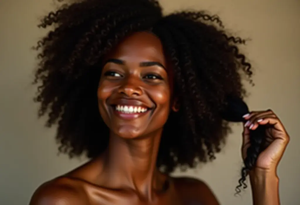 Mulher negra sorrindo com cabelo crespo brilhante.