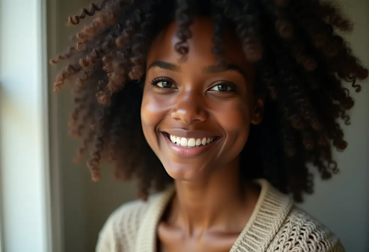Mulher negra sorrindo com cabelo crespo natural e saudável.