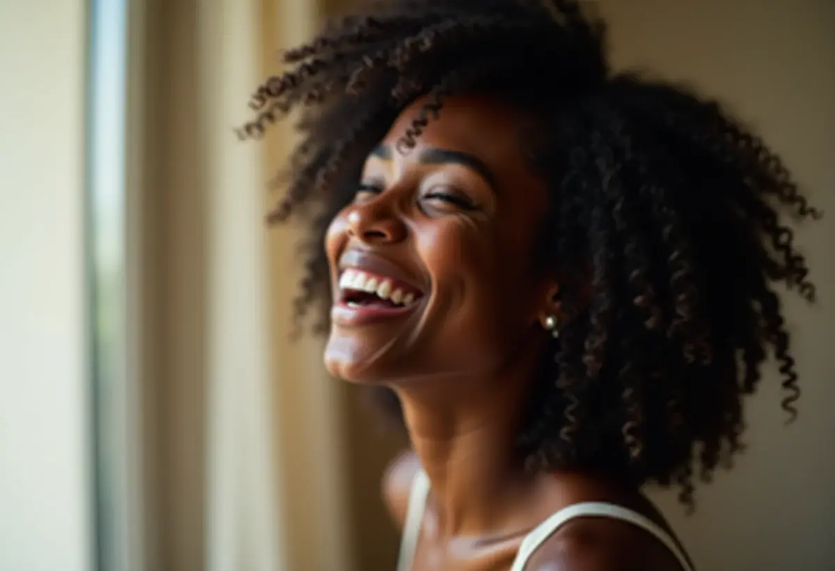 Mulher negra sorrindo com dentes brancos