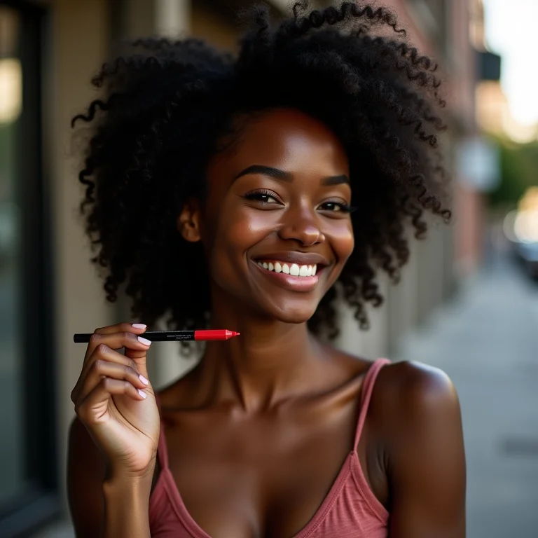 Mulher negra sorrindo com lápis de boca vermelho.