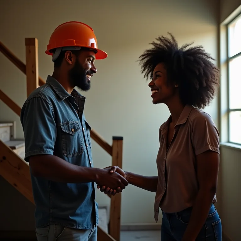 Mulher negra sorrindo e apertando a mão de trabalhador da construção