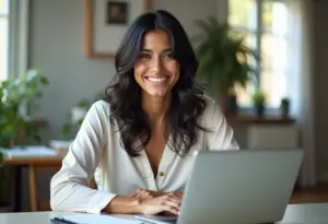 Mulher negra sorrindo em frente ao laptop no escritório.