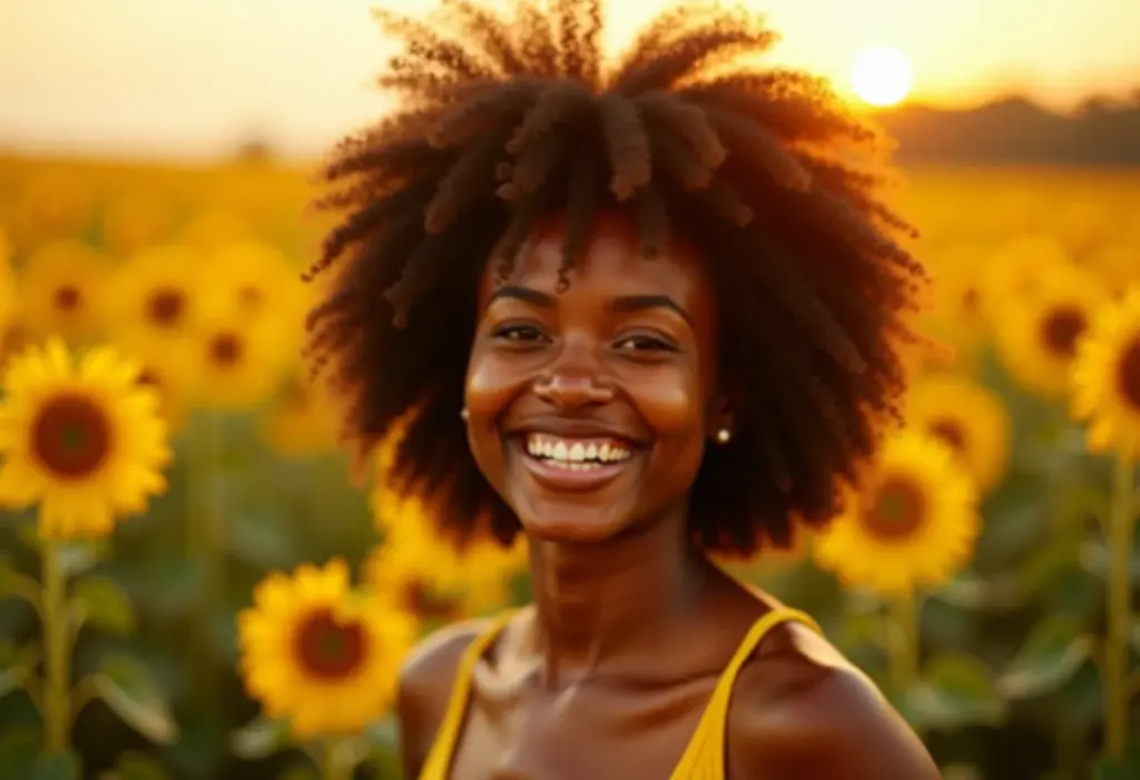 Mulher negra sorrindo em um campo de girassóis
